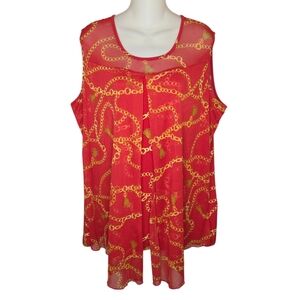 Adele & May Gold Chain & Tassel Print Sleeveless Blouse - Red Mesh Yoke, Size 2X